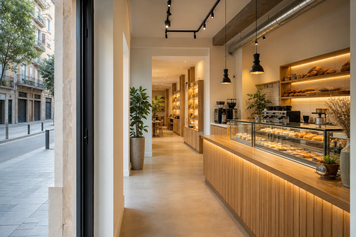 Interior representativo de una cafetería preparada para licencia de actividad